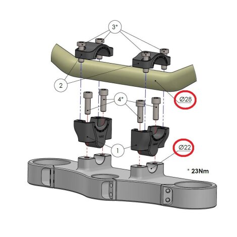 Handlebar conversion to fat-bar, 30 mm riser for Aprilia RSV 1000 Tuono & Tuono Figher (RP & RR) 02-05