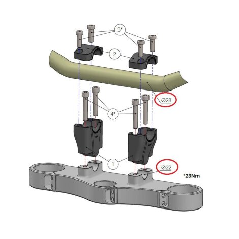 Handlebar conversion to fat-bar, 50 mm riser for Aprilia RSV 1000 Tuono & Tuono Figher (RP & RR) 02-05