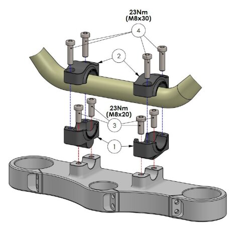 Handlebar conversion to fat-bar, 20 mm riser for Yamaha MT-07 Tracer (RM14 & RM30) 16-